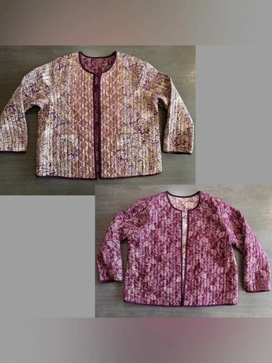 Quilted Reversible Jacket Purple Tan Gold Floral Paisley Quilt J Jill XL - Picture 1 of 12